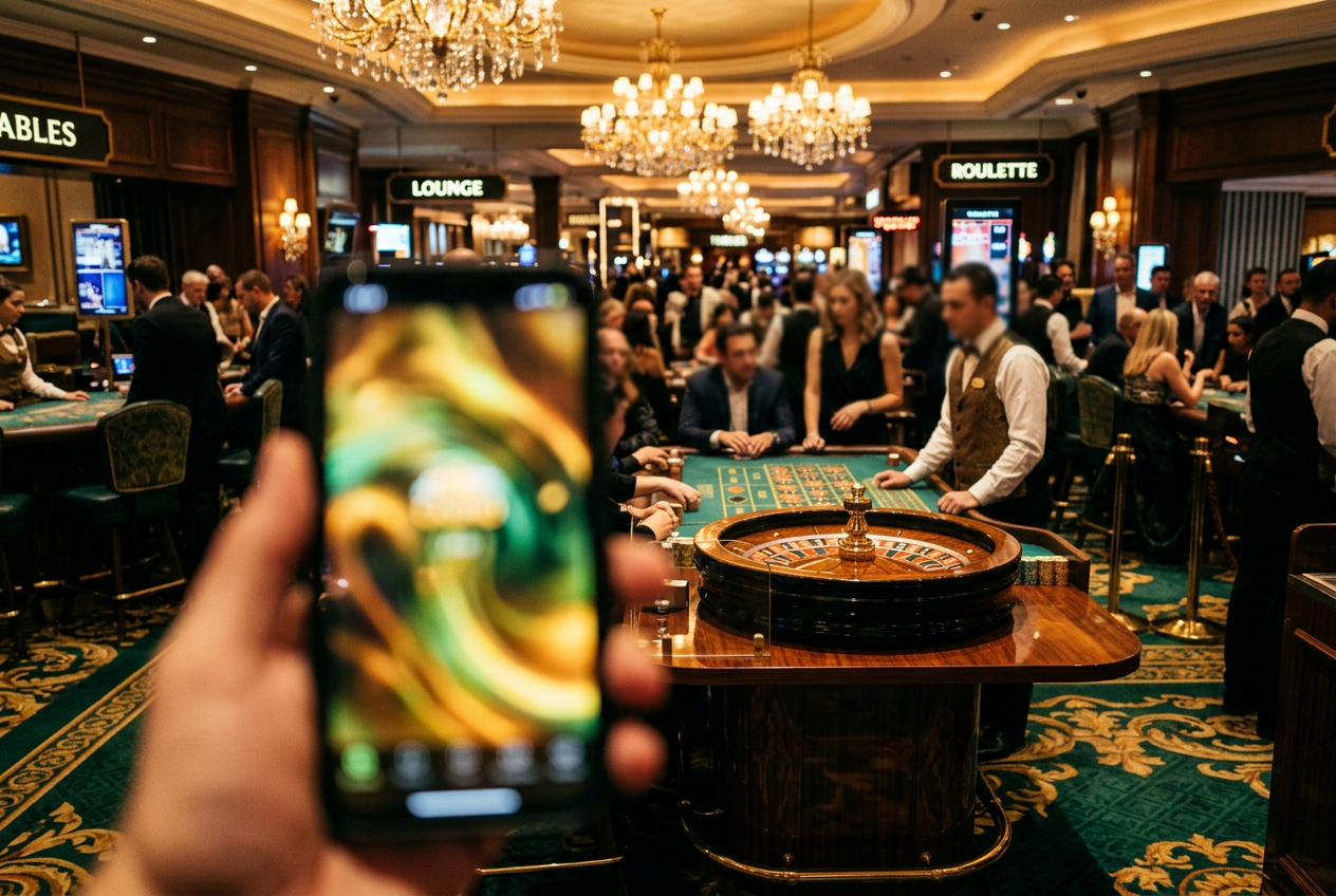 Atmosféra luxusního kasina s důrazem na digitální technologie a mobilní hraní